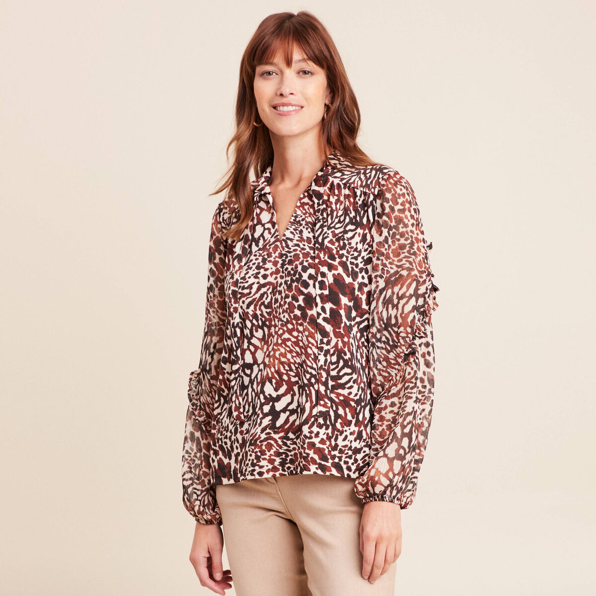 T-shirt manches longues col nou&eacute; marron femme