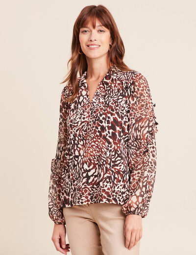 T-shirt manches longues col nou&eacute; marron femme