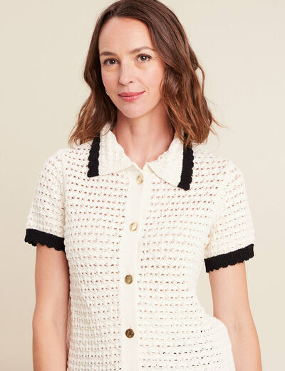 Pull droit court manches courtes ecru femme
