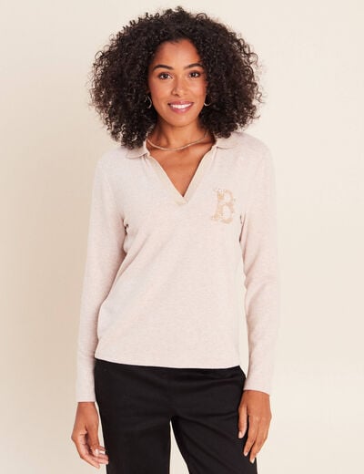 Polo manches longues col chemise brod&eacute; creme femme