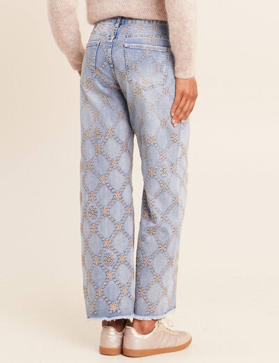 Jean taille haute avec broderie blanc femme