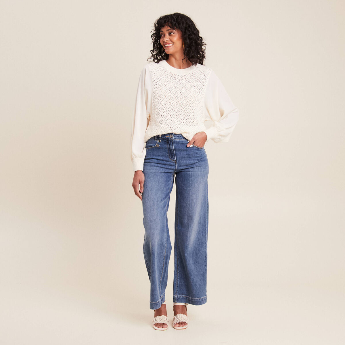 Jean large à pont denim stone femme