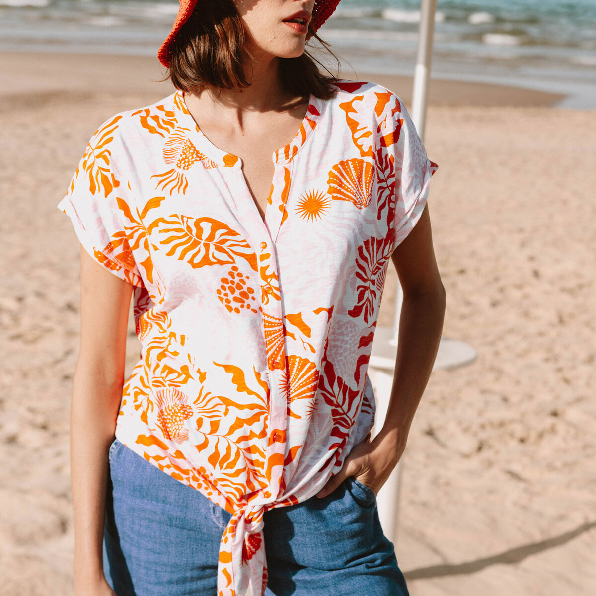 T-shirt col tunisien manches courtes rose femme