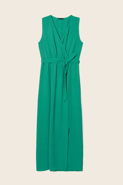Robe longue droite ceinturée vert femme