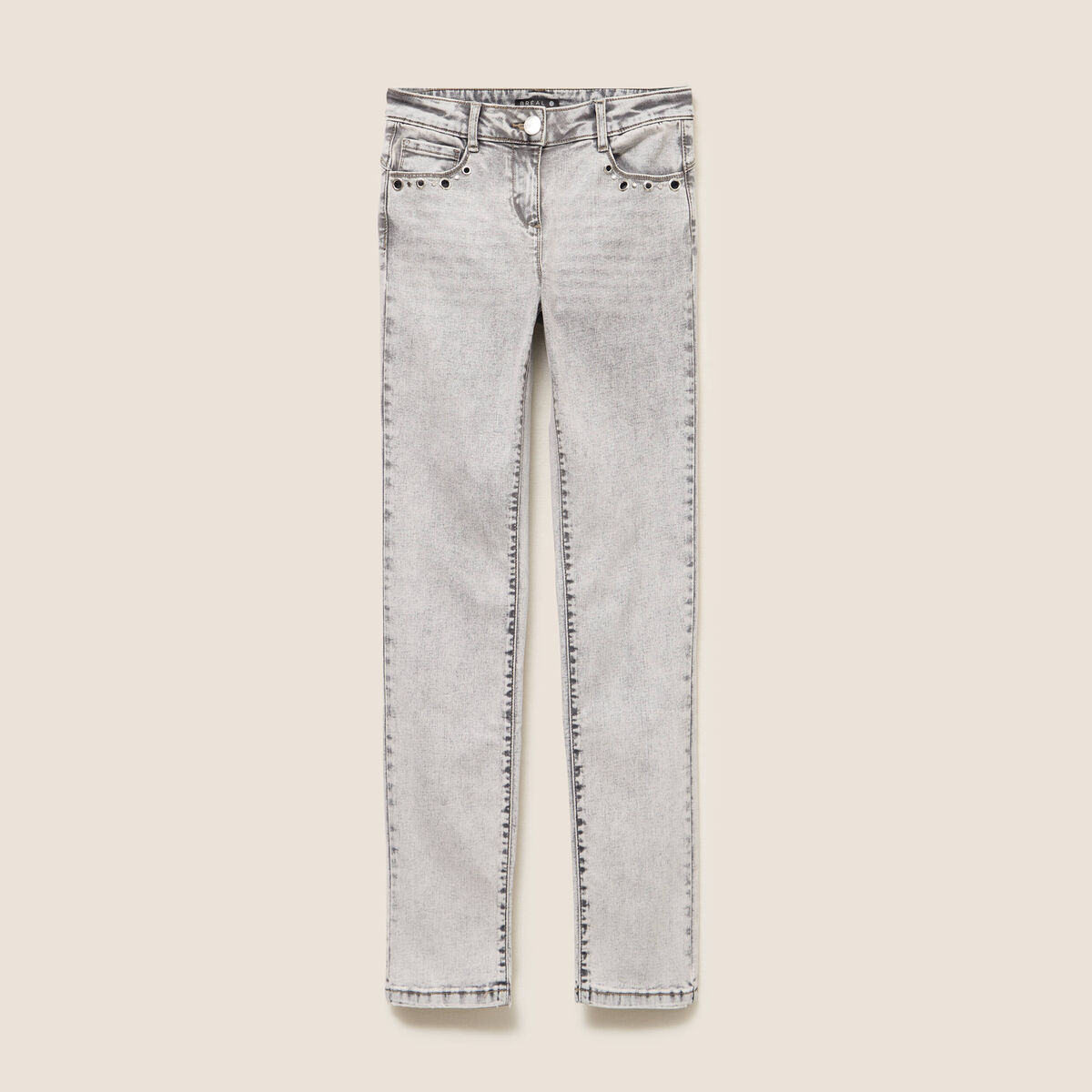 Jean ajust&eacute; taille bascul&eacute;e denim snow gris femme