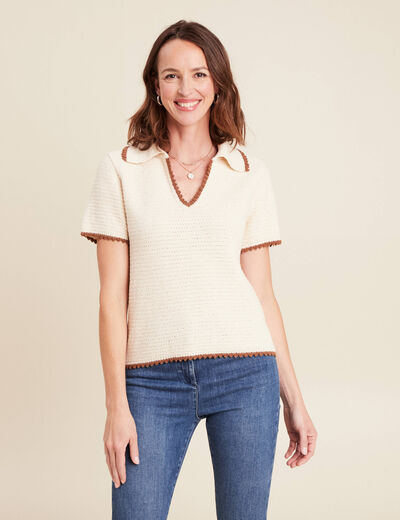 Pull col chemise manches courtes ecru femme