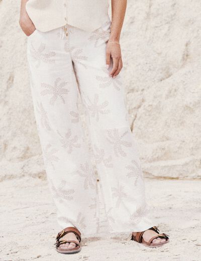 Pantalon large taille haute beige femme