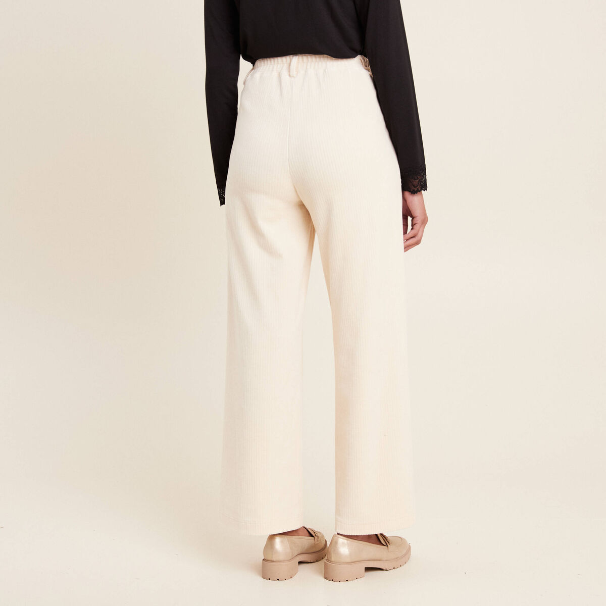 Pantalon large velours ivoire femme