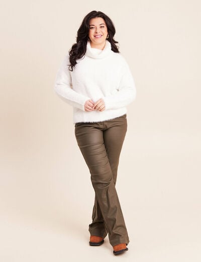 Pantalon bootcut enduit taille haute vert kaki femme