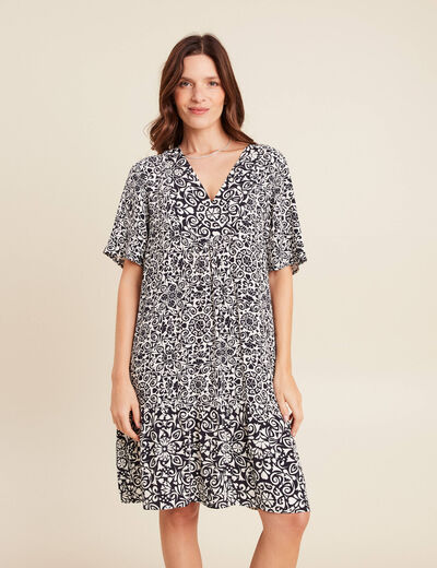Robe courte évasée col V bleu marine femme