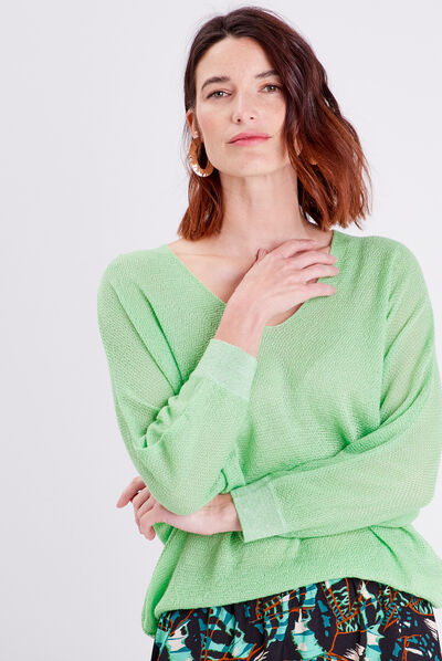 Pull manches longues col en V vert fluo femme