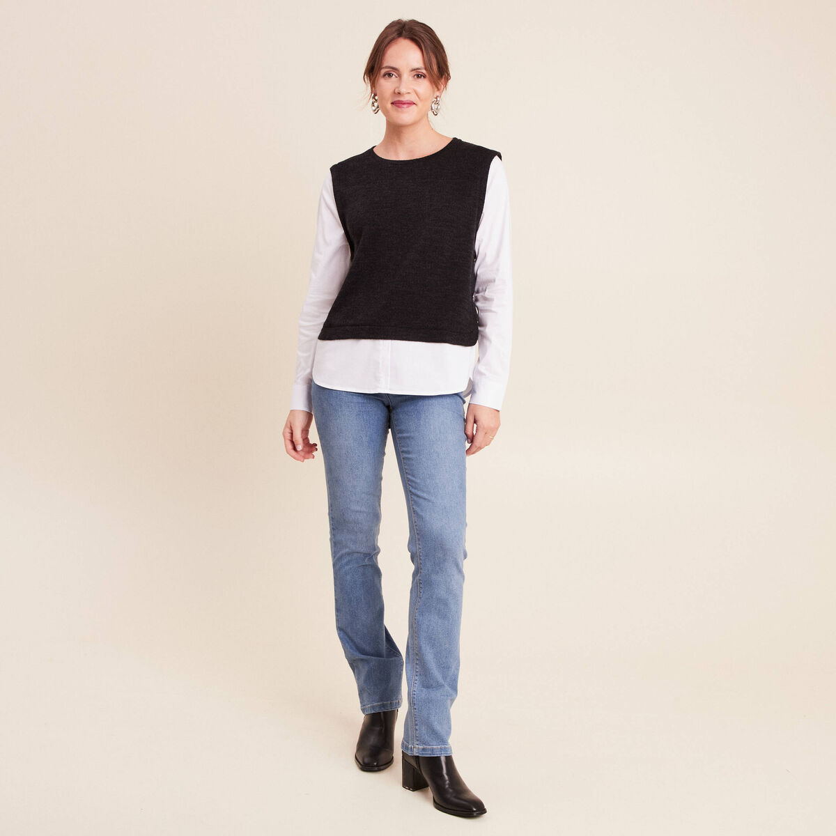 T-shirt 2 en 1 col rond manches longues noir femme
