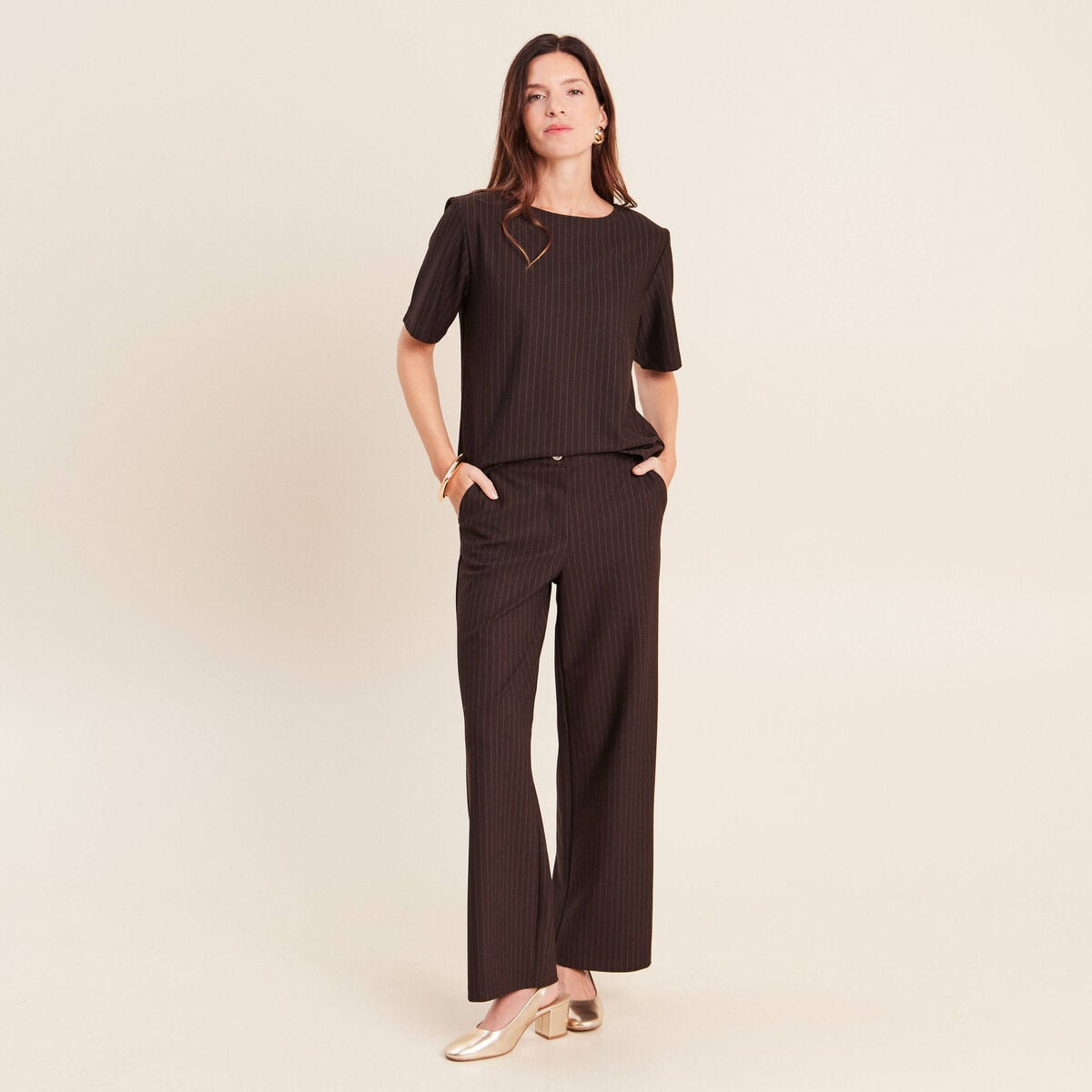 Pantalon large 7/8&egrave;me marron femme