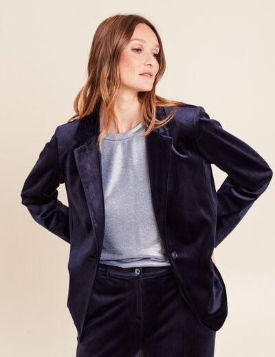 Veste velours manches longues doubl&eacute;e bleu marine femme