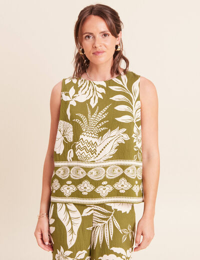 Blouse droite courte sans manches vert kaki femme