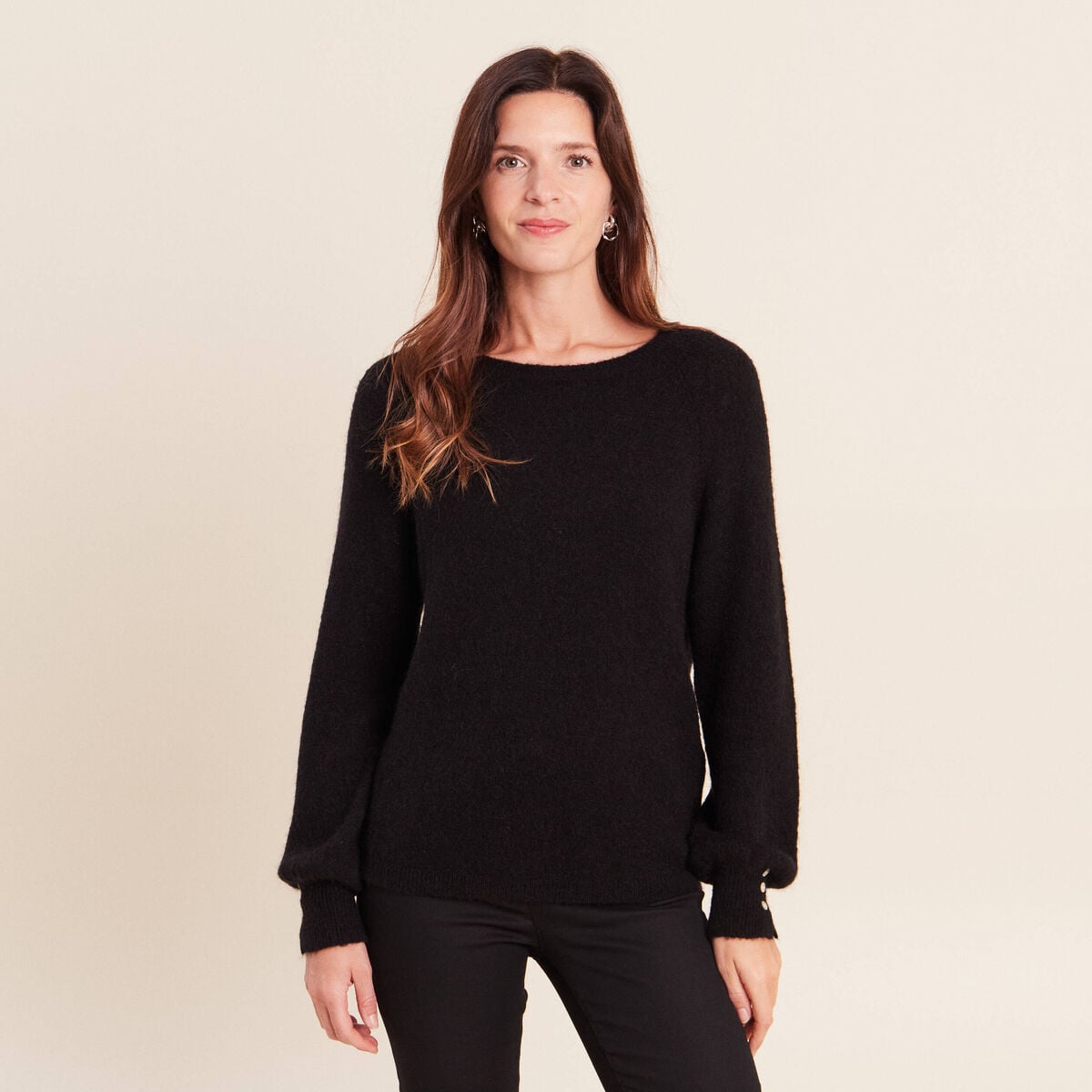 Pull col rond manches longues noir femme