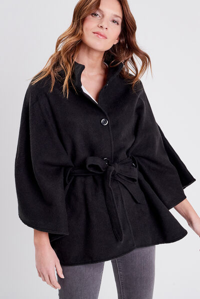 Poncho boutonné ceinturé noir femme