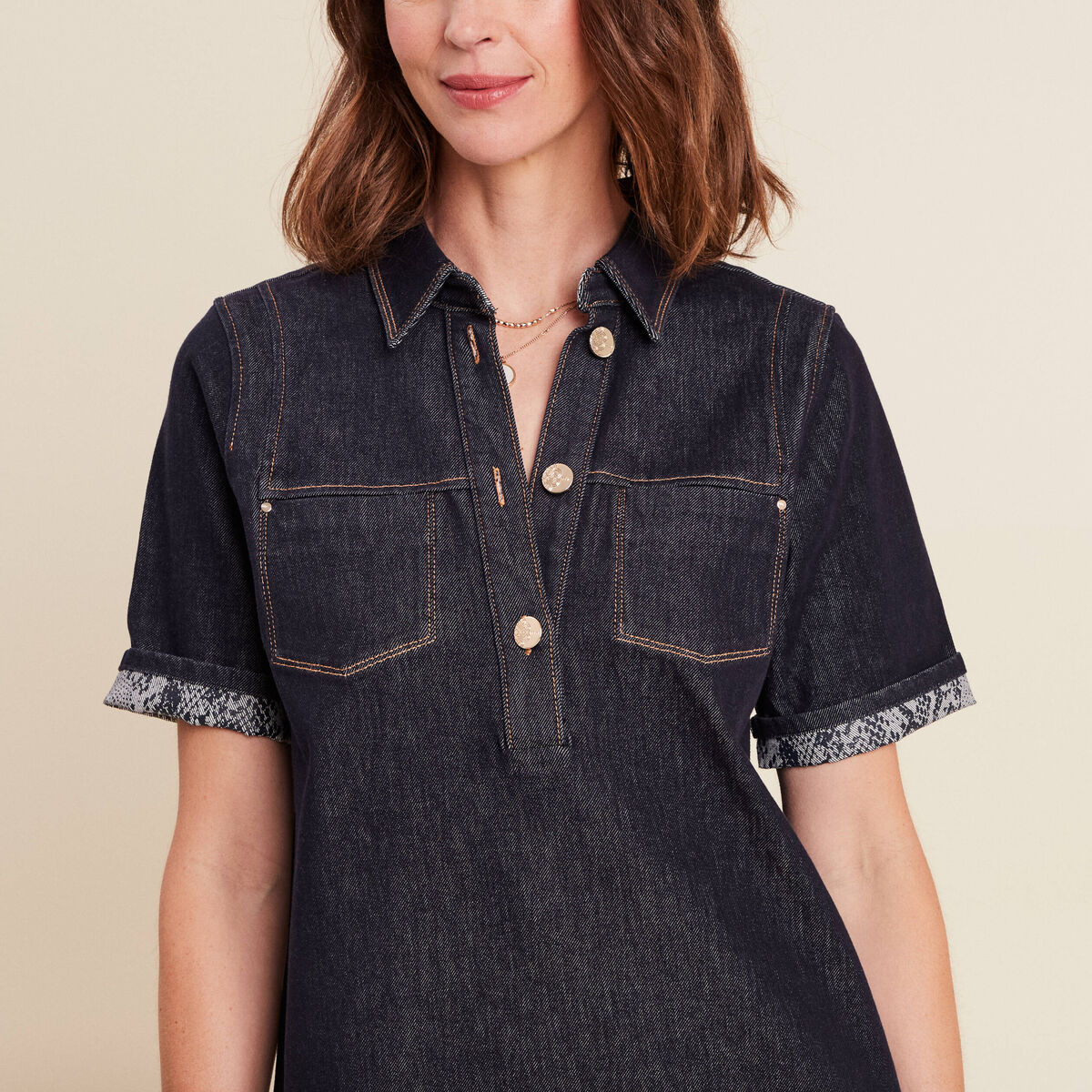 robe courte droite en jean col chemise denim brut femme