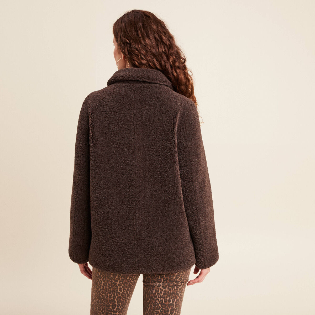 Manteau droit effet mouton marron fonc&eacute; femme