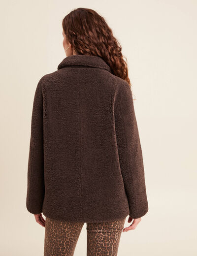 Manteau droit effet mouton marron fonc&eacute; femme