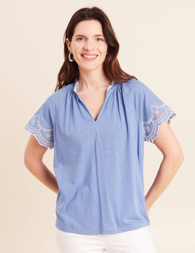 Blouse col tunisien manches courtes bleu ciel femme