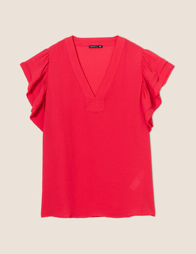 Blouse manches courtes volants rouge femme