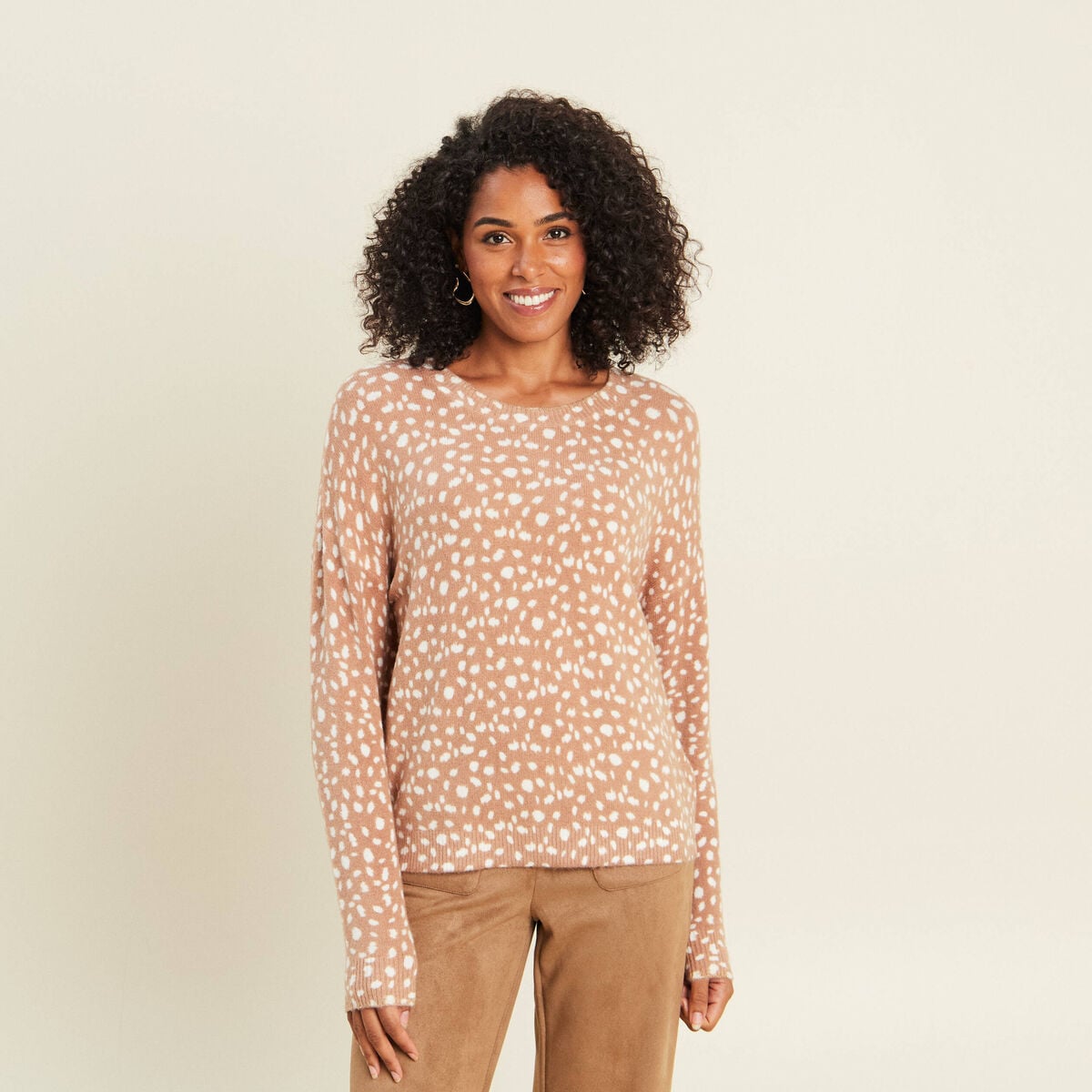 Pull droit col rond manches longues marron femme