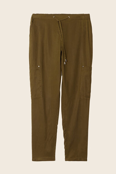 Pantalon large fluide 7/8ème vert olive femme