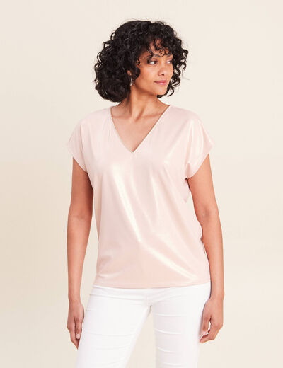 T-shirt col V manches courtes vieux rose femme