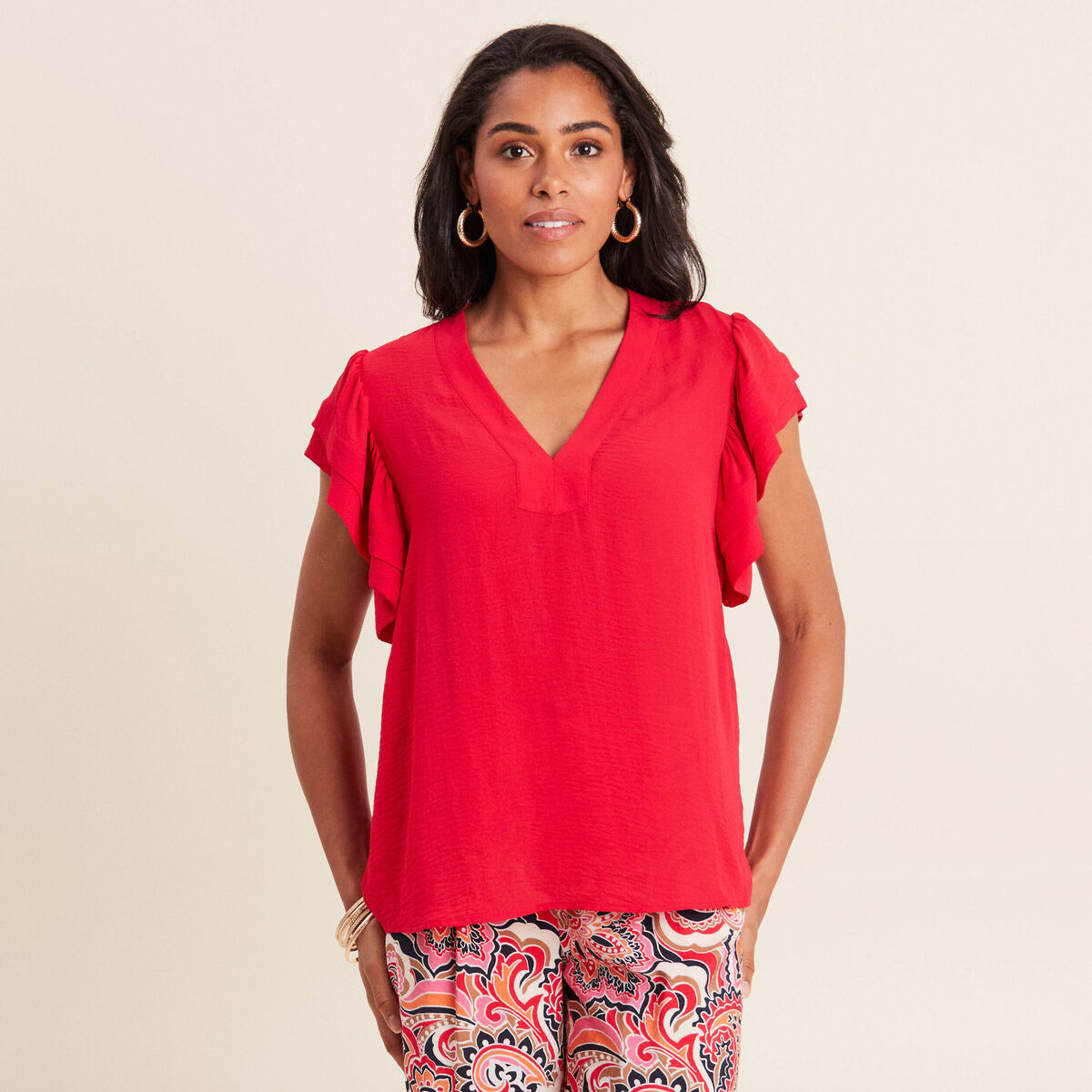Blouse manches courtes volants rouge femme