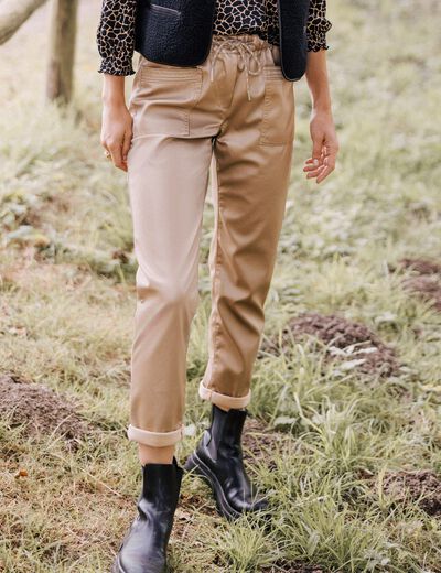 Pantalon paperbag simili cuir couleur or femme