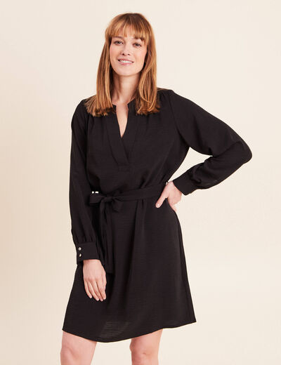 Robe droite courte col v manches longues noir femme
