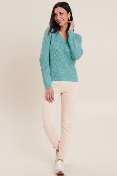 Pull droit uni col V boutonné - Bleu canard