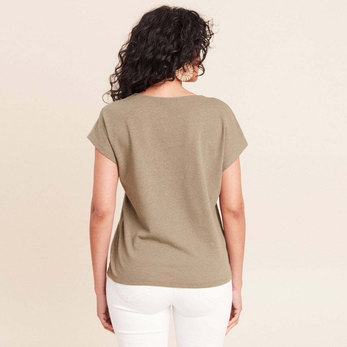 T-shirt col v manches courtes aspect lin vert kaki femme