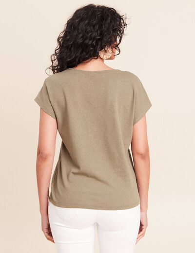 T-shirt col v manches courtes aspect lin vert kaki femme