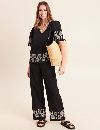 Blouse droite courte manches coudes noir femme