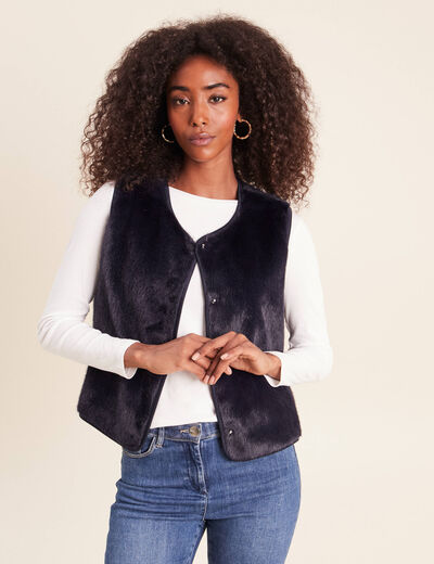 Gilet droit sans manches fausse fourrure bleu fonc&eacute; femme