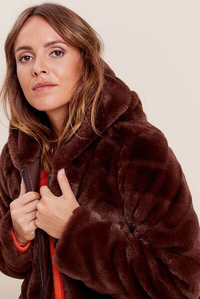 Manteau fausse fourrure réversible marron foncé femme