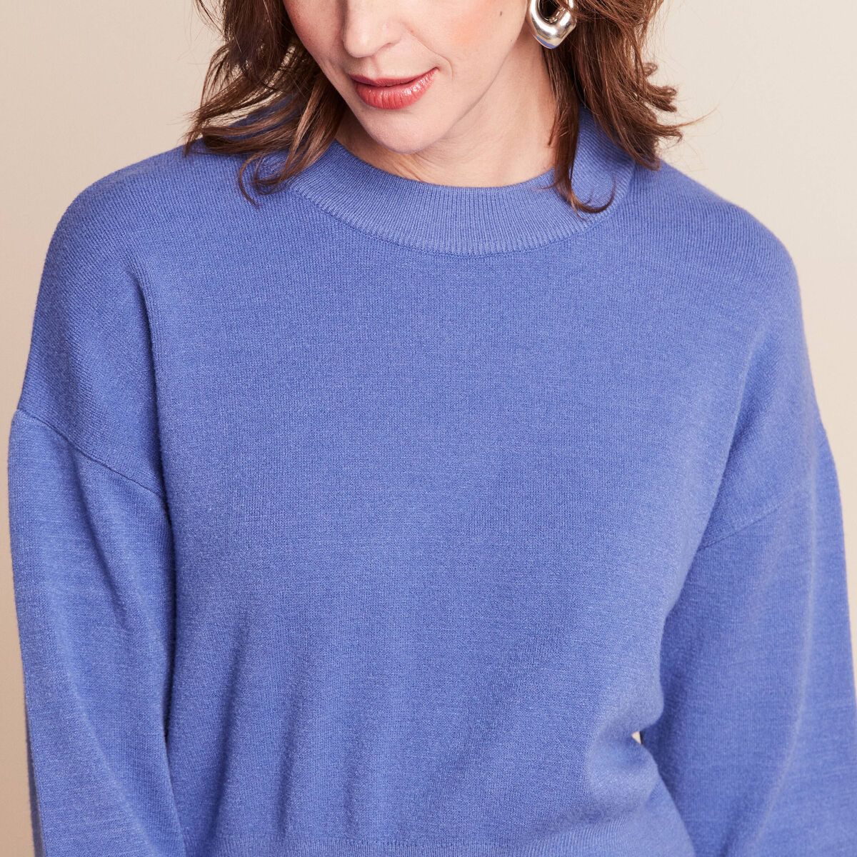 Pull droit col rond manches longues bleu femme