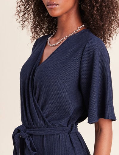 Combinaison large col v manches courtes bleu marine femme