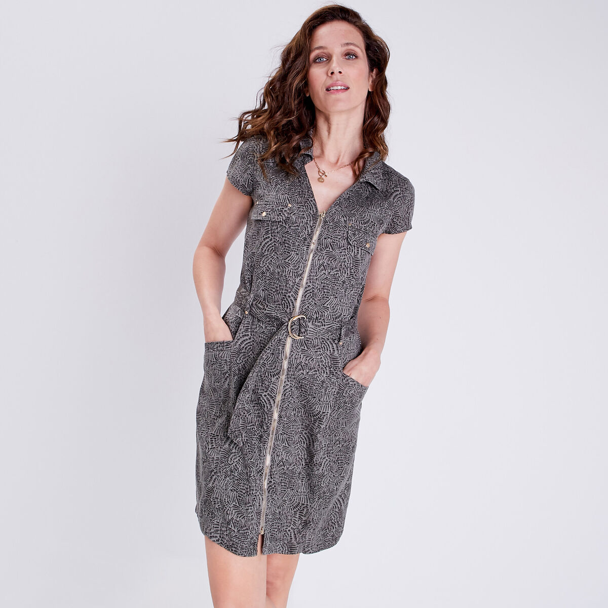Robe droite zippée vert kaki femme
