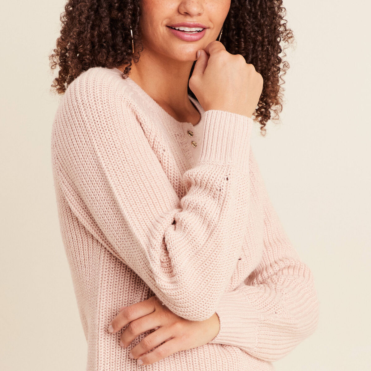 Pull col tunisien manches longues vieux rose femme