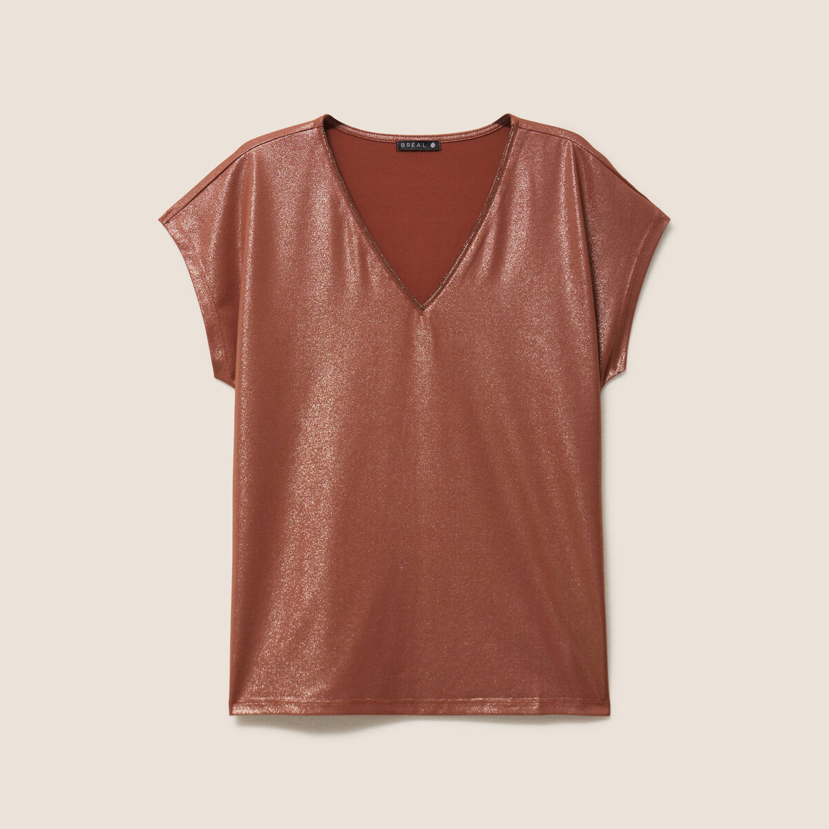 T-shirt col V manches courtes marron fonc&eacute; femme