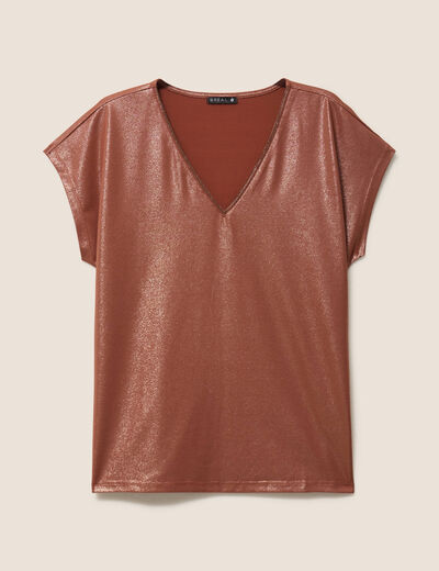 T-shirt col V manches courtes marron fonc&eacute; femme