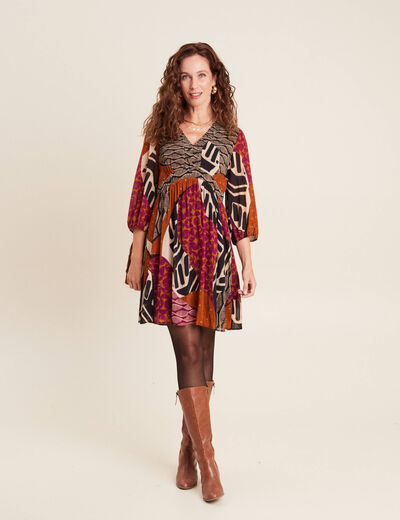 Robe évasée fluide manches 3/4 multicolore femme