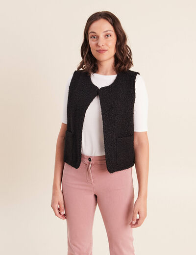 Gilet sans manches bouclette poches noir femme