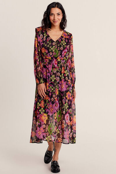 Robe longue évasée col en V noir femme