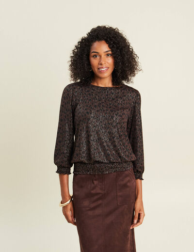T-shirt col rond manches 3/4 marron fonc&eacute; femme