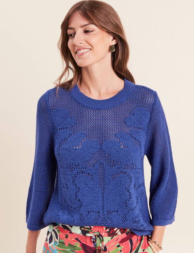 Pull ajour&eacute; col rond manches longues bleu fonc&eacute; femme