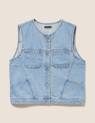 Veste cintr&eacute;e sans manches en jean denim double stone femme